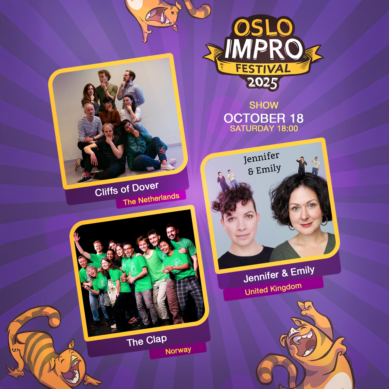 Event image Saturday 6 PM // Cliffs of Dover | The Clap | Jennifer & Emily // Oslo Impro Festival 2025 